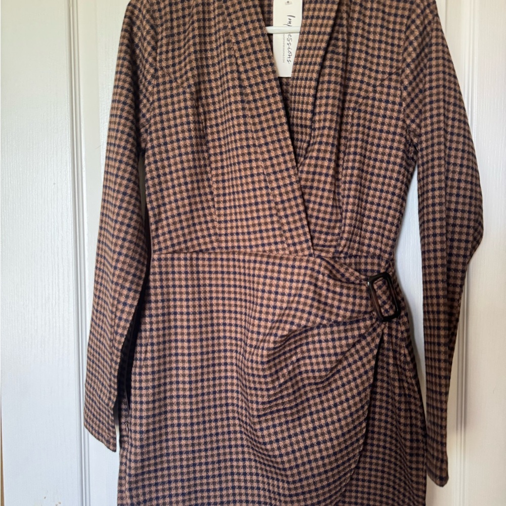 Brown and Black Houndstooth Wrap Dress